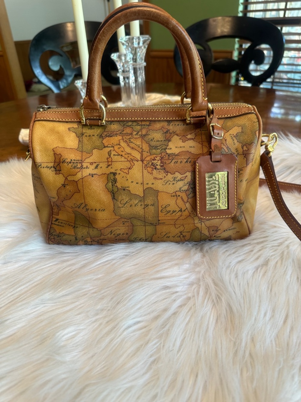 Alviero Martini Map-Print Satchel in Brown and Tan